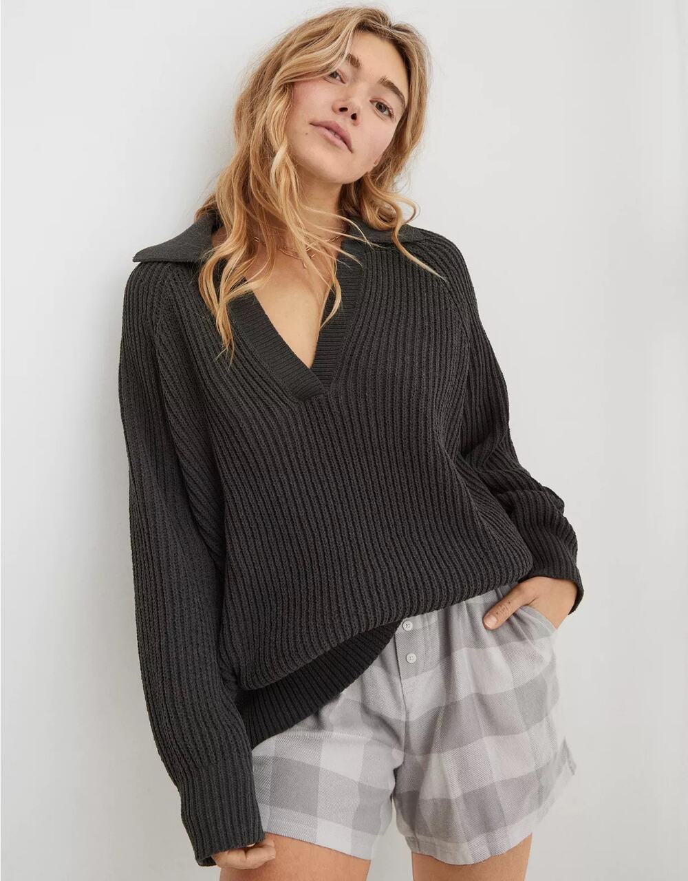 Aerie Sugar Rush Chenille Sweater V-Neck Collared Oversized Size Small